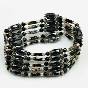 FACETED MAGNETIC HEMATITE & MULTI-COLORED FLORAL BEAD BRACELET – JBHmBS